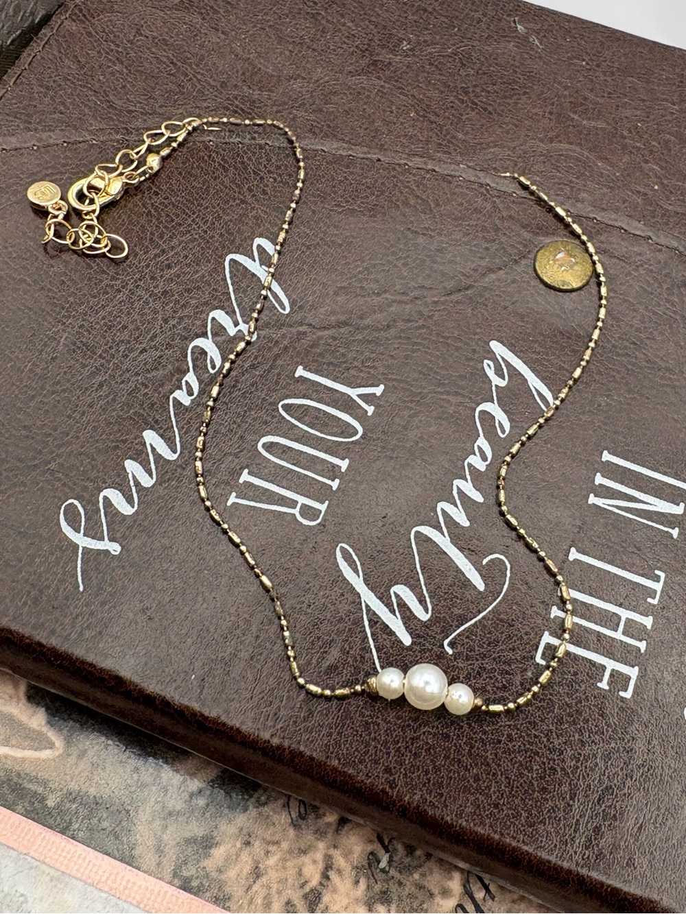 LC Lauren Conrad Gold Tone Faux Pearl Beaded Necklace 16” Minimalist - Picture 3 of 5